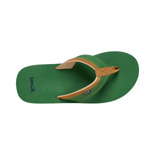Green sandal with brown strap on a white background
