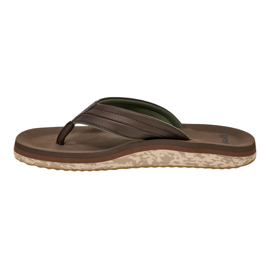 Brown sandal with a white sole on a white background