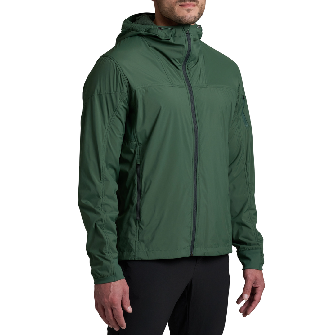 Green jacket with a hood on a white background