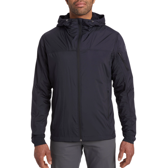 Person wearing a black jacket on a white background