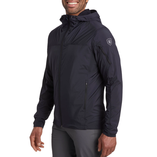 Man wearing a dark blue jacket on a white background