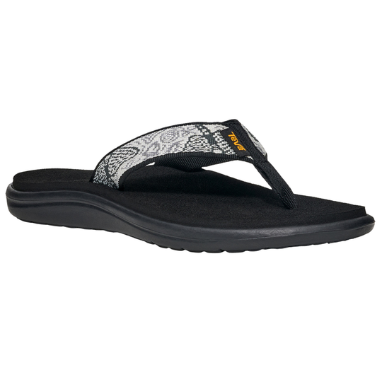 Black sandal with a patterned strap on a white background