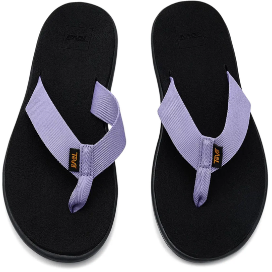 Black flip-flops with purple straps on a white background