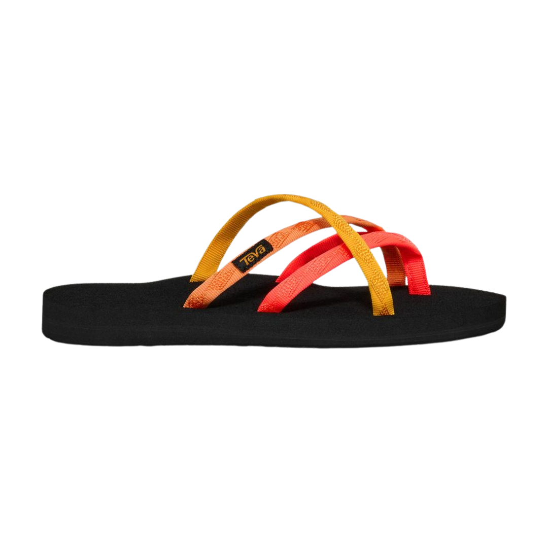 Black sandal with orange and yellow straps on a white background