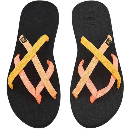 Black flip-flops with colorful straps on a white background