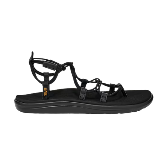 Black sandal with multiple straps on a white background