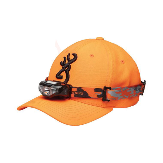 Orange hunting cap with a headlamp on a white background