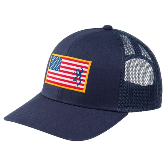 Navy blue cap with American flag and logo patch on a white background