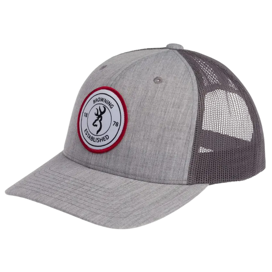 Gray mesh cap with a red and white logo on a white background