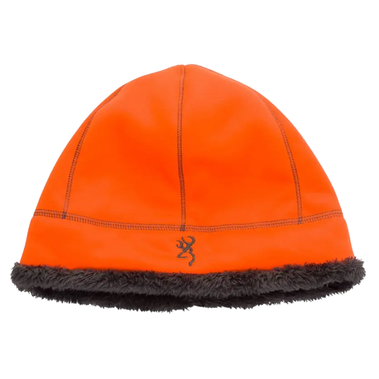 Orange beanie with black fur trim on a white background