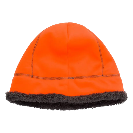 Orange beanie with black rim on a white background