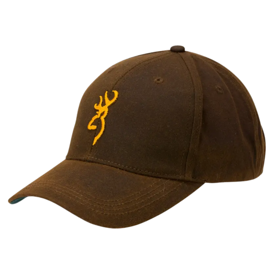 Brown cap with yellow logo on a white background