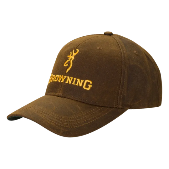 Brown cap with yellow Browning logo on a white background