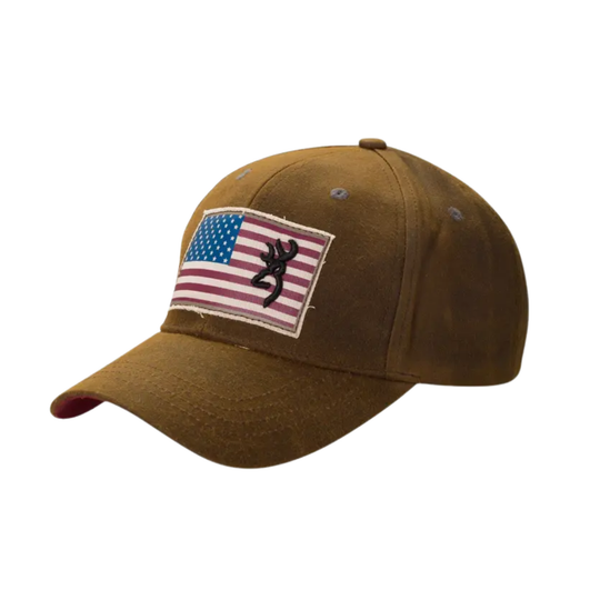 Brown cap with American flag and elk patch on a white background