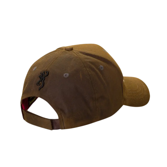 Brown cap with a logo on the back against a white background
