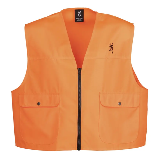 Orange safety vest with a brand logo on a white background