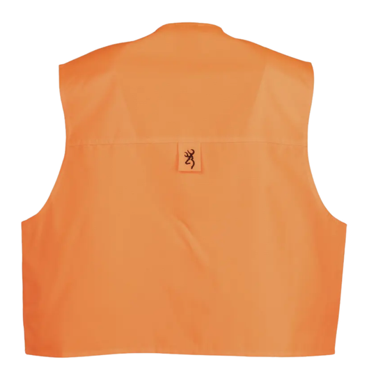 Orange safety vest with a logo on the chest against a white background