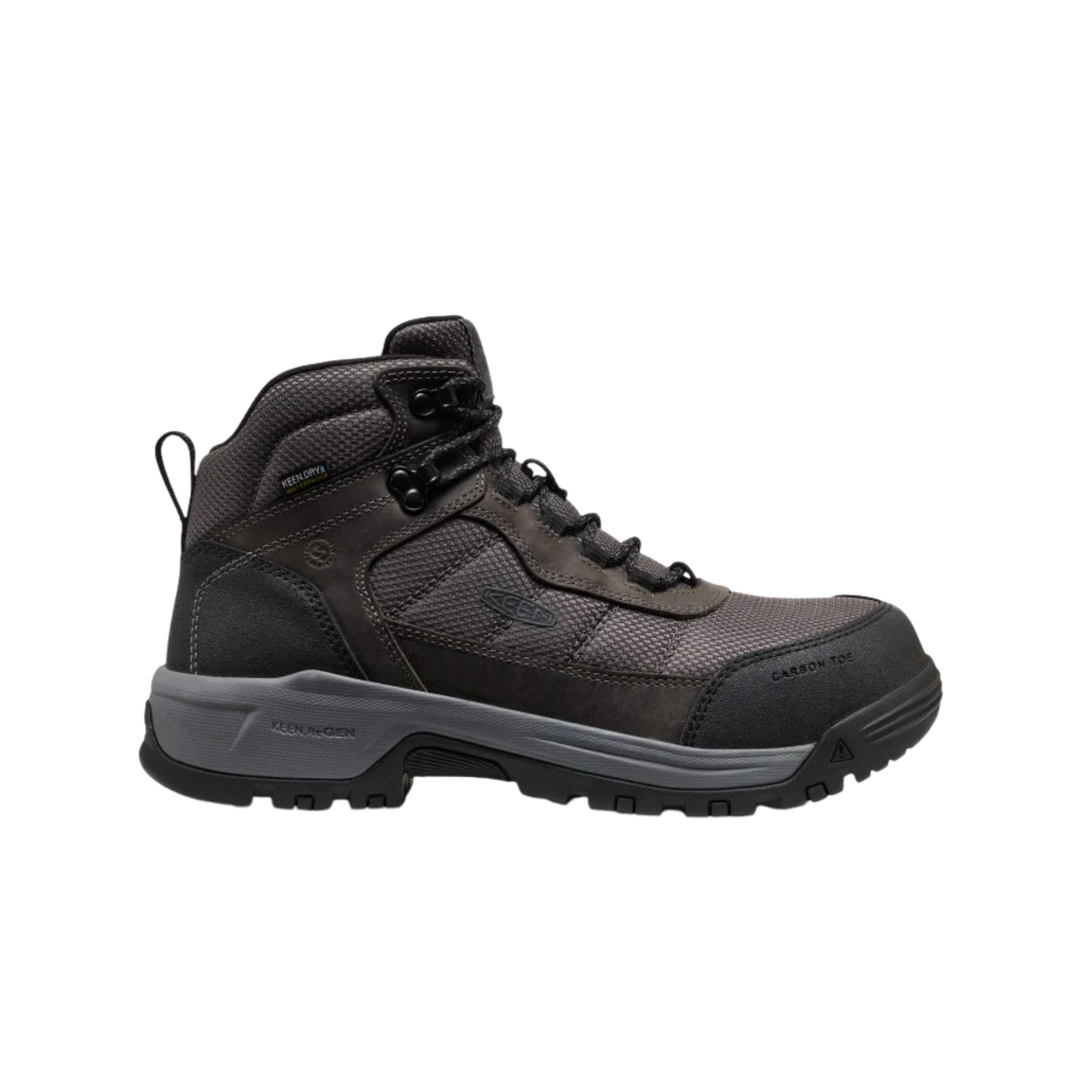 Black high-top work boot on a light gray background