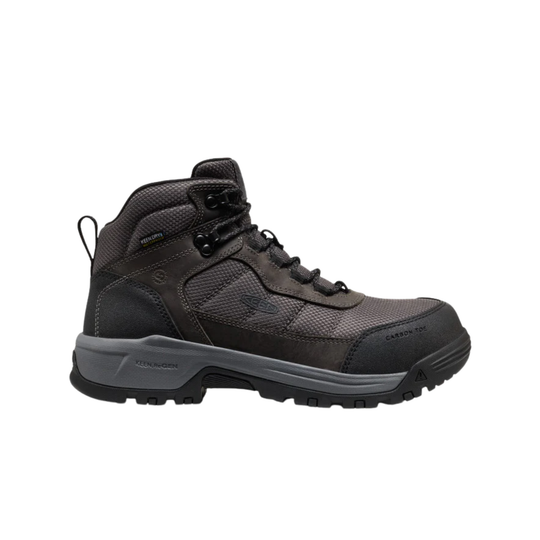 Black high-top work boot on a light gray background