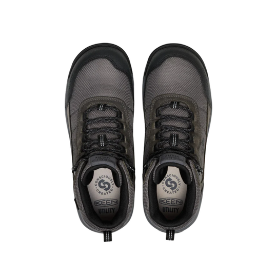 Pair of gray and black Keen boots on a white background