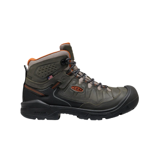 Gray hiking boot with orange accents on a white background