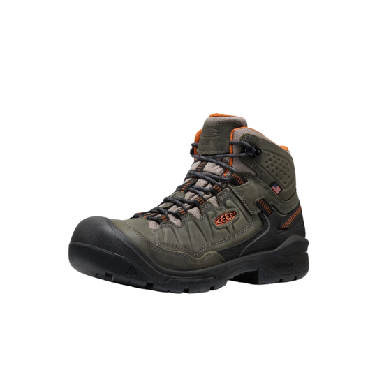 Gray hiking boot with orange accents on a white background