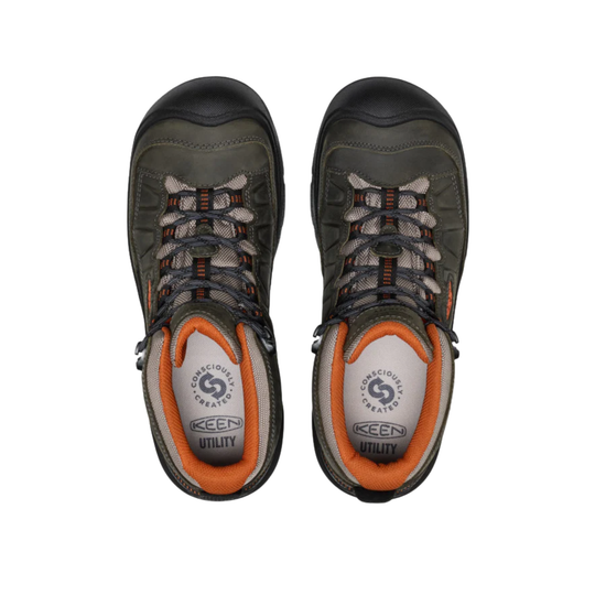 Pair of gray hiking boots with orange accents on a white background