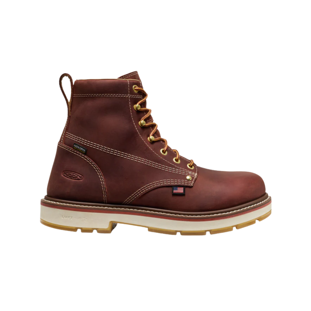Brown leather boot with gold laces on a white background