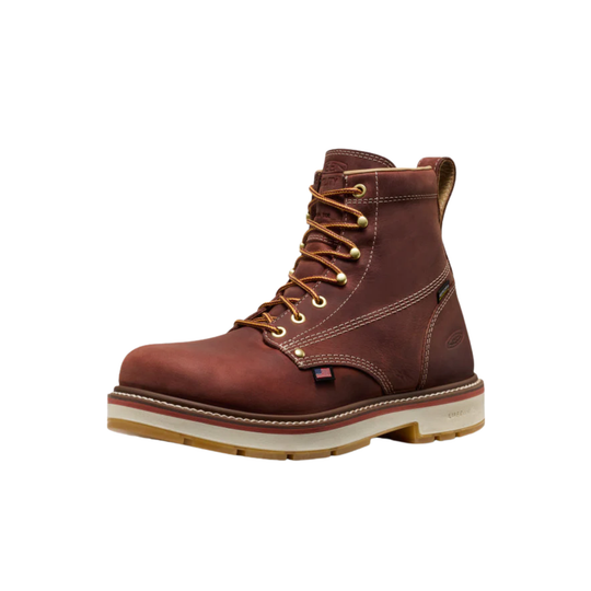 Brown leather boot with gold laces on a white background