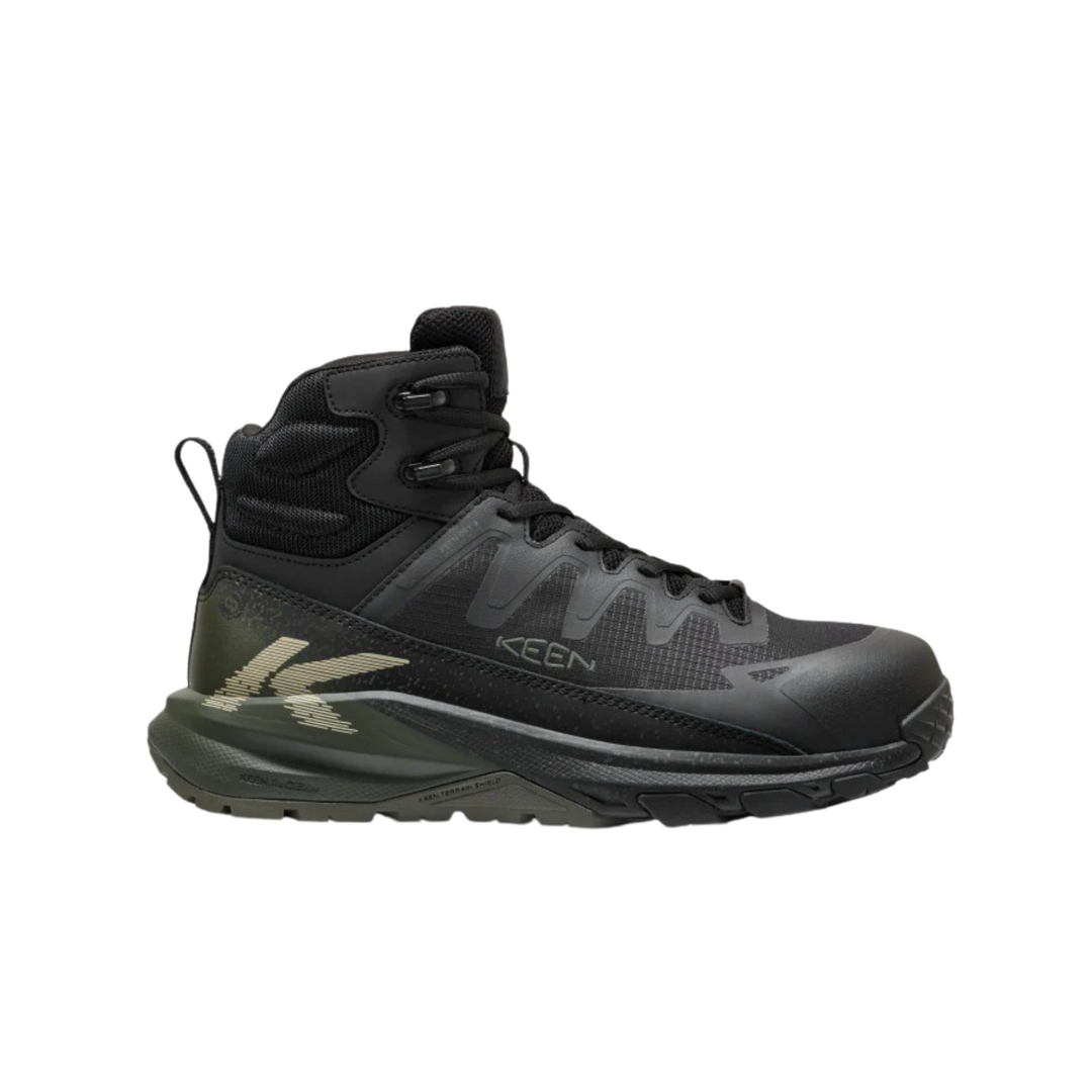 Black hiking boot with KEEN branding on a white background