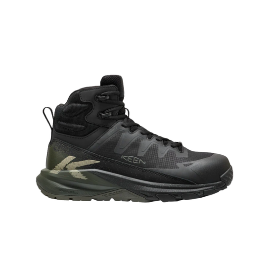Black hiking boot with KEEN branding on a white background