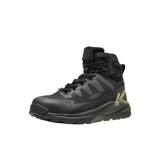 Black hiking boot with KEEN branding on a white background