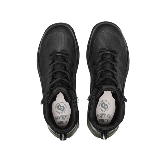 Black hiking boot with KEEN branding on a white background