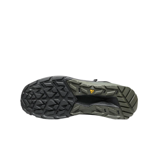 Close-up of a hiking shoe sole with tread pattern on a white background