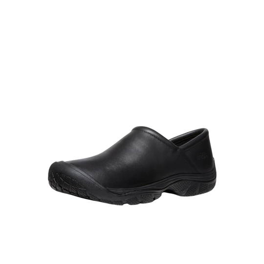 Black slip-on shoe with a platform sole on a white background