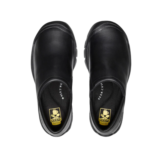 Pair of black Keen work shoes on a white background