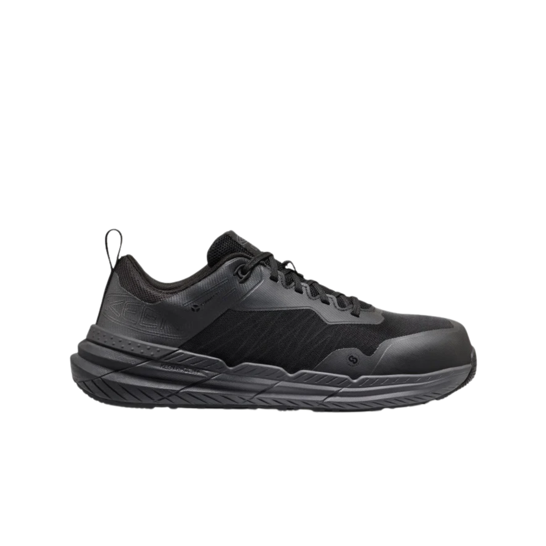 Black athletic work shoe on a white background
