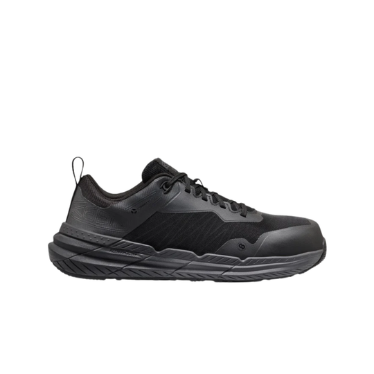 Black athletic work shoe on a white background