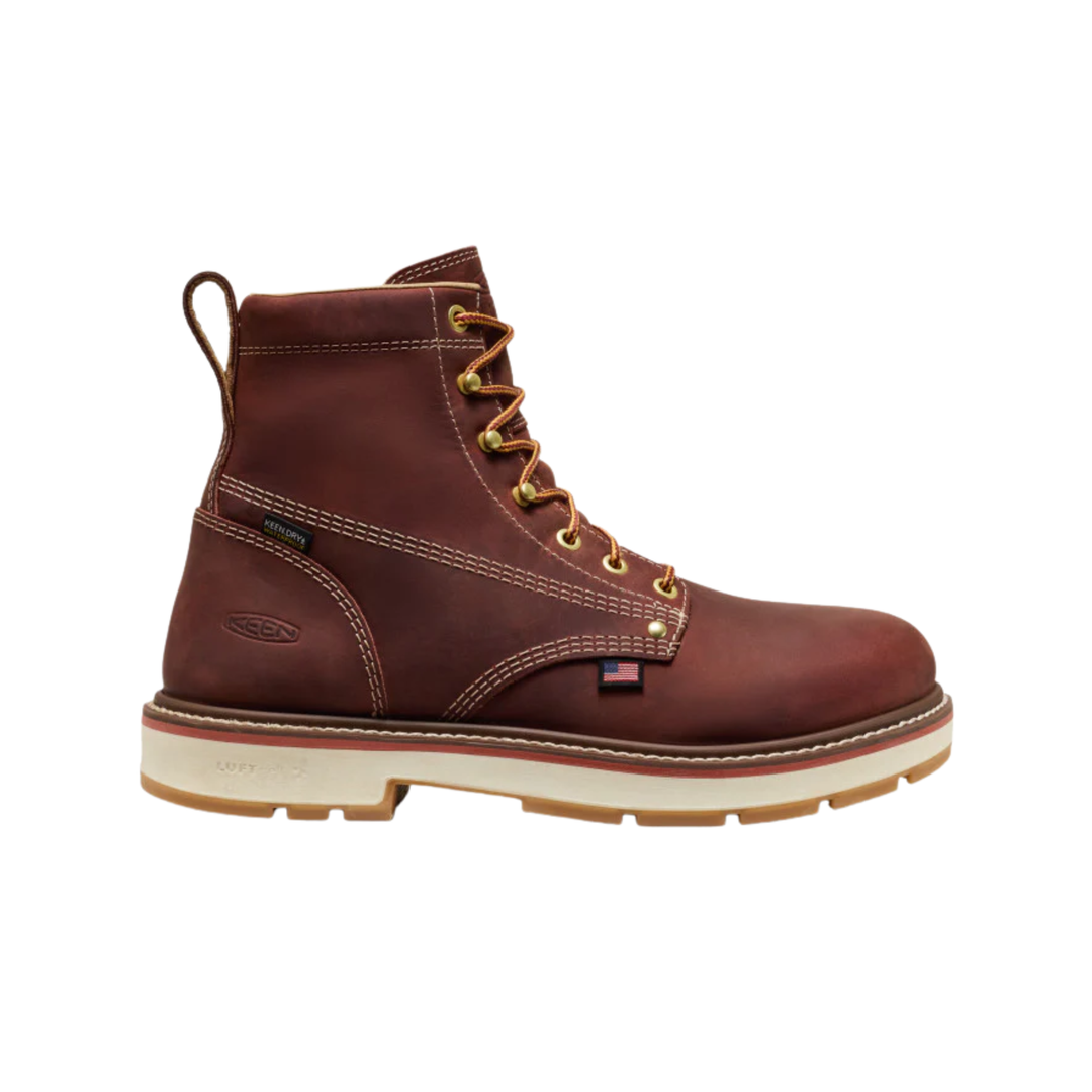 Brown leather boot with gold laces on a white background