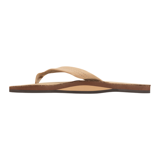 Flip-flop sandal with brown sole and beige strap on a white background