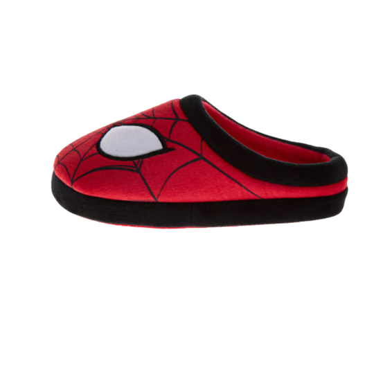 Red slipper with black web pattern on a white background