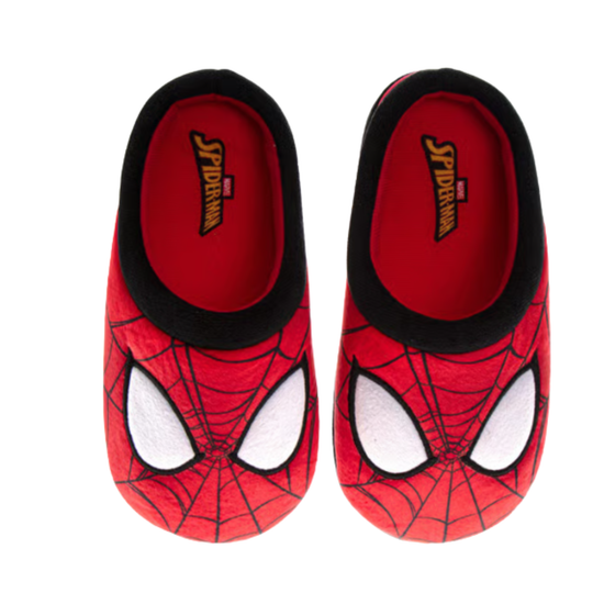 Red and black Spider-Man slippers on a white background