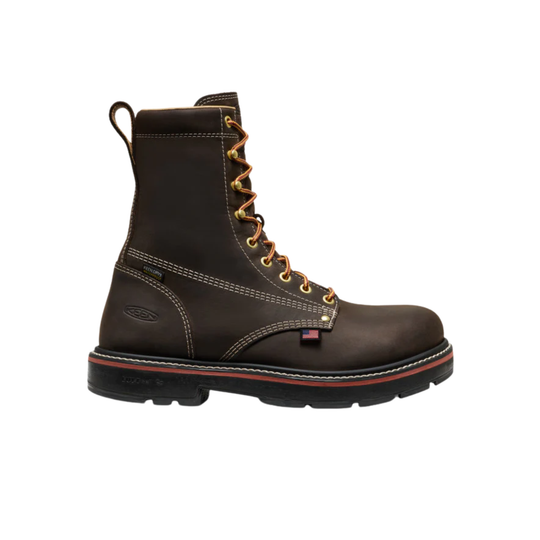 Brown leather boot with orange laces on a white background