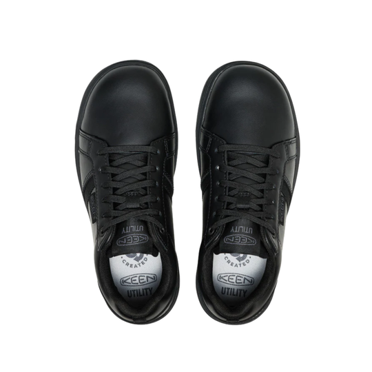 Black sneakers with 'Keen' branding on a white background