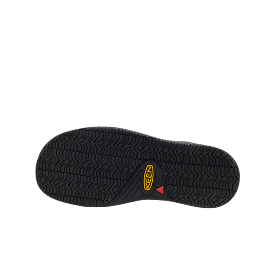 Black sole of a shoe with a brand logo on a white background