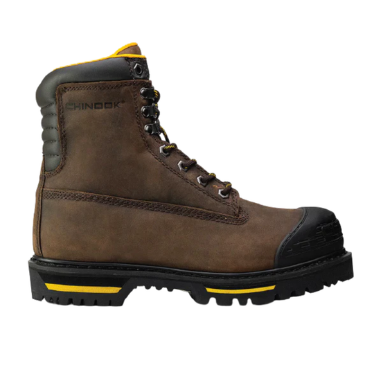 Brown boot with black sole and yellow accents on a white background