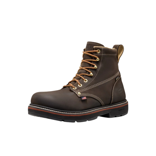 Brown leather boot with gold laces on a white background