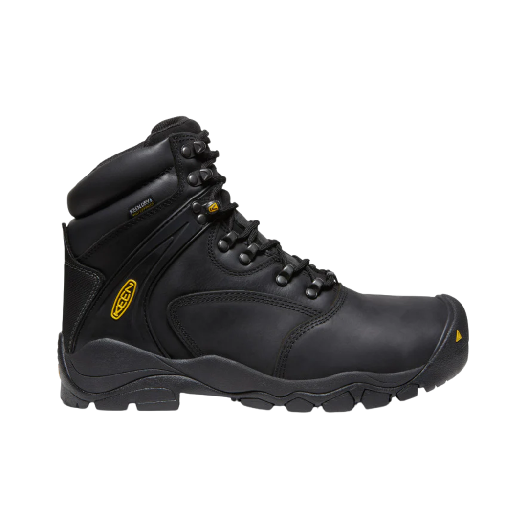 Black hiking boot with brand logo on a white background