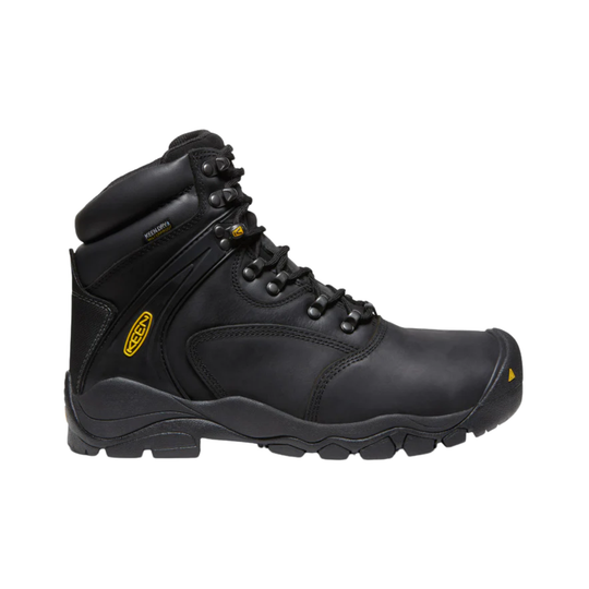 Black hiking boot with brand logo on a white background