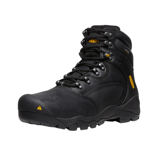 Black hiking boot with brand logo on a white background